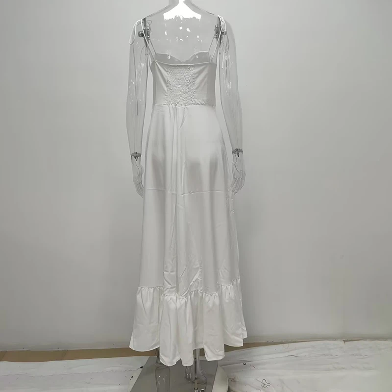 Robe camisole blanche américaine pour femmes, tenue d'été à volants, taille haute, bretelles à nœud réglables, fines bretelles Spaghetti