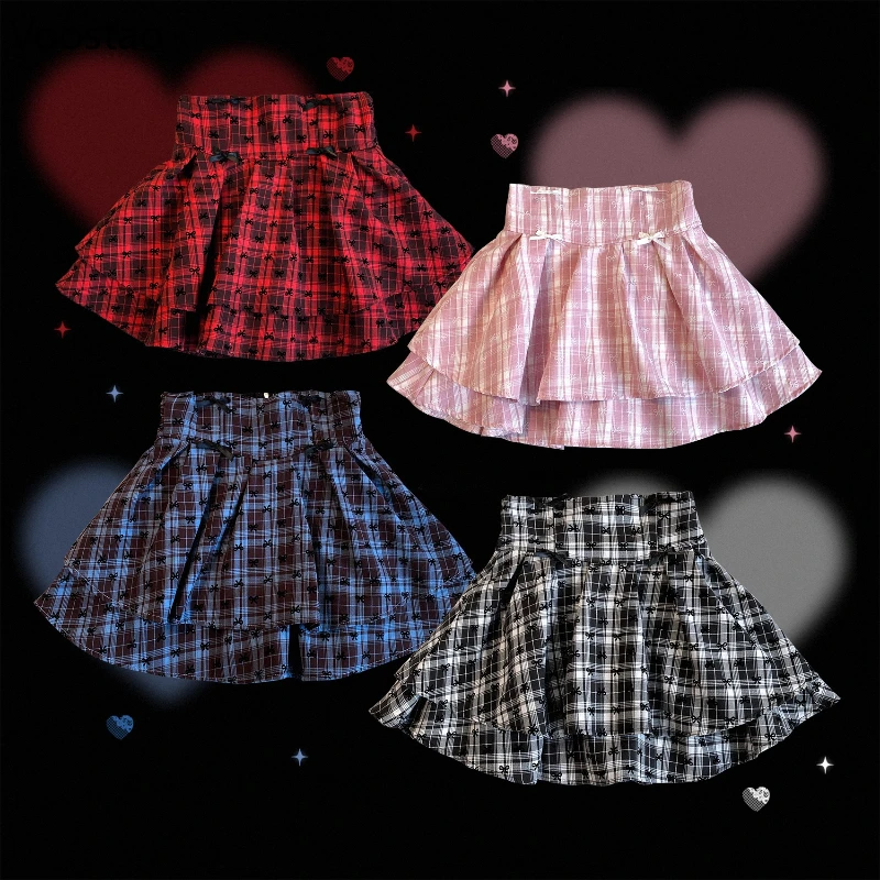 

Japanese Gothic Lolita Style Cute Cake Skirt Women Sweet Bow Plaid Print Mini Skirts Harajuku Girls Y2k Party Punk Short Skirt