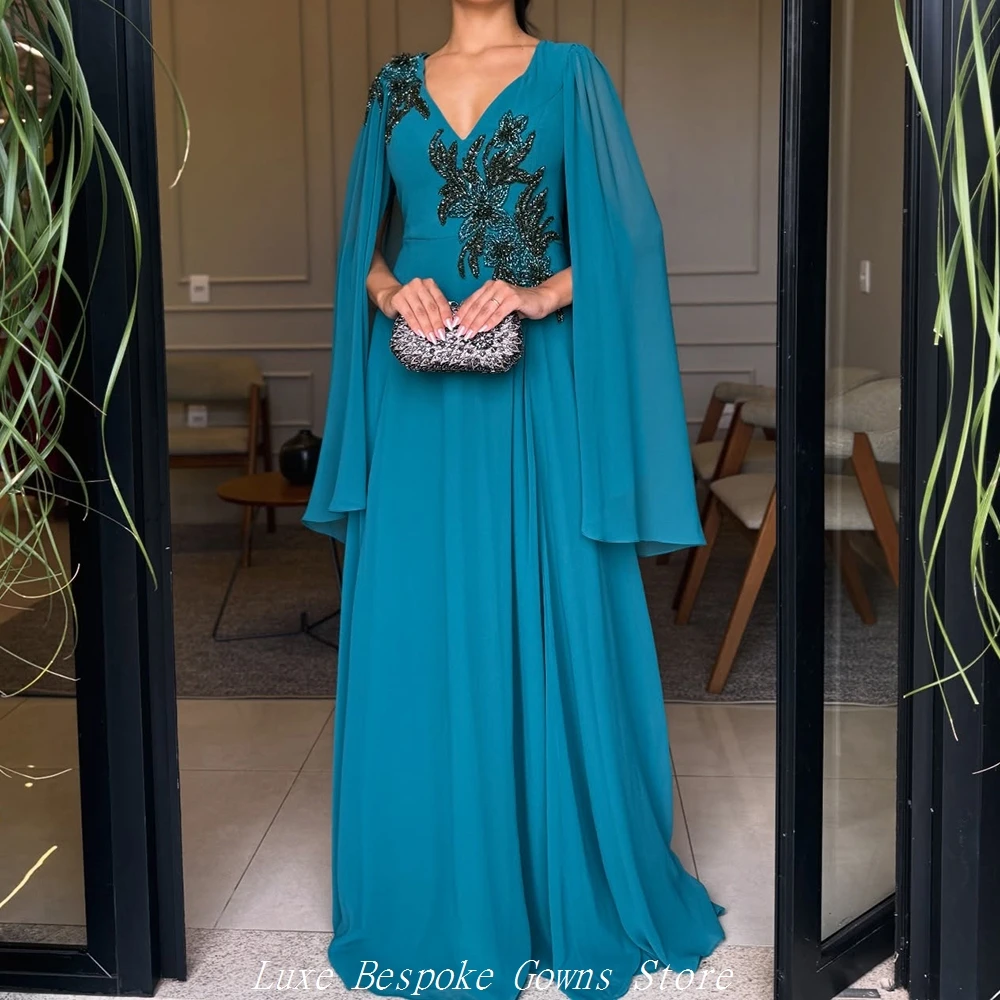 

Women's Formal Evening Gowns A-line Floor-length V-neck Sleeveless Prom Dresses Fashion Sequined Flowers Stole Customized Gowns