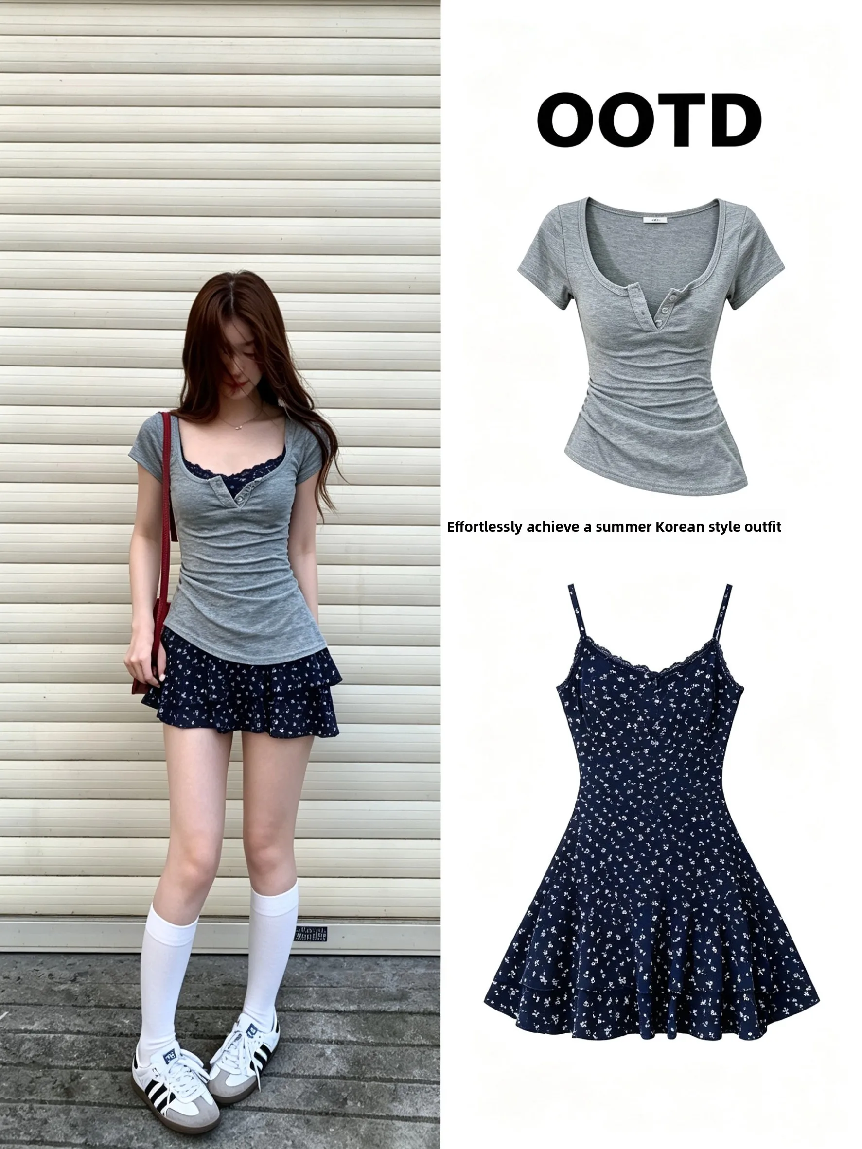 

Korean Style Sweet Grey Short Sleeve Cover up with Floral Halter Dress Fashionable Sexy Two Piece Set Women's Clothing