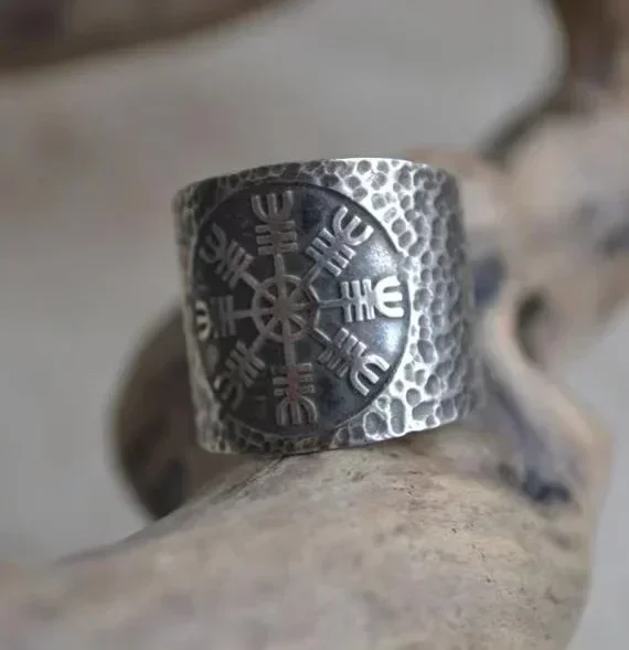 Vintage Viking Compass Helm of Awe Ring Stainless Steel Mens Nordic Ethnic Belief Aegishjalmur Ring Jewelry Dropshipping