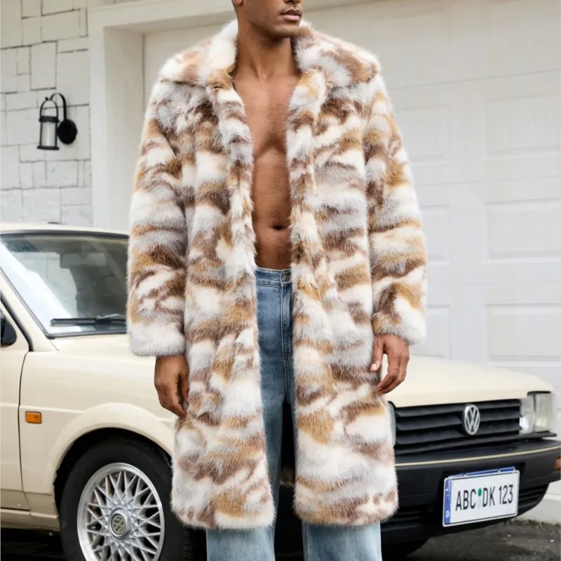 رجل فو الفراء التمويه سترة فضفاضة القمم الفراء رقيق رشاقته معاطف طويلة سترة ملابس خارجية 2025 الشتاء الدافئة جاكيتات معاطف الرجعية