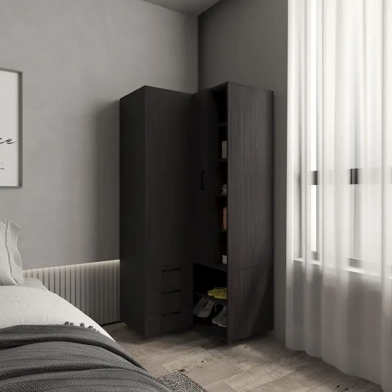 Corner Armoire with Double Doors and Interior Shelves, Space-Saving Wardrobe, Black Finish