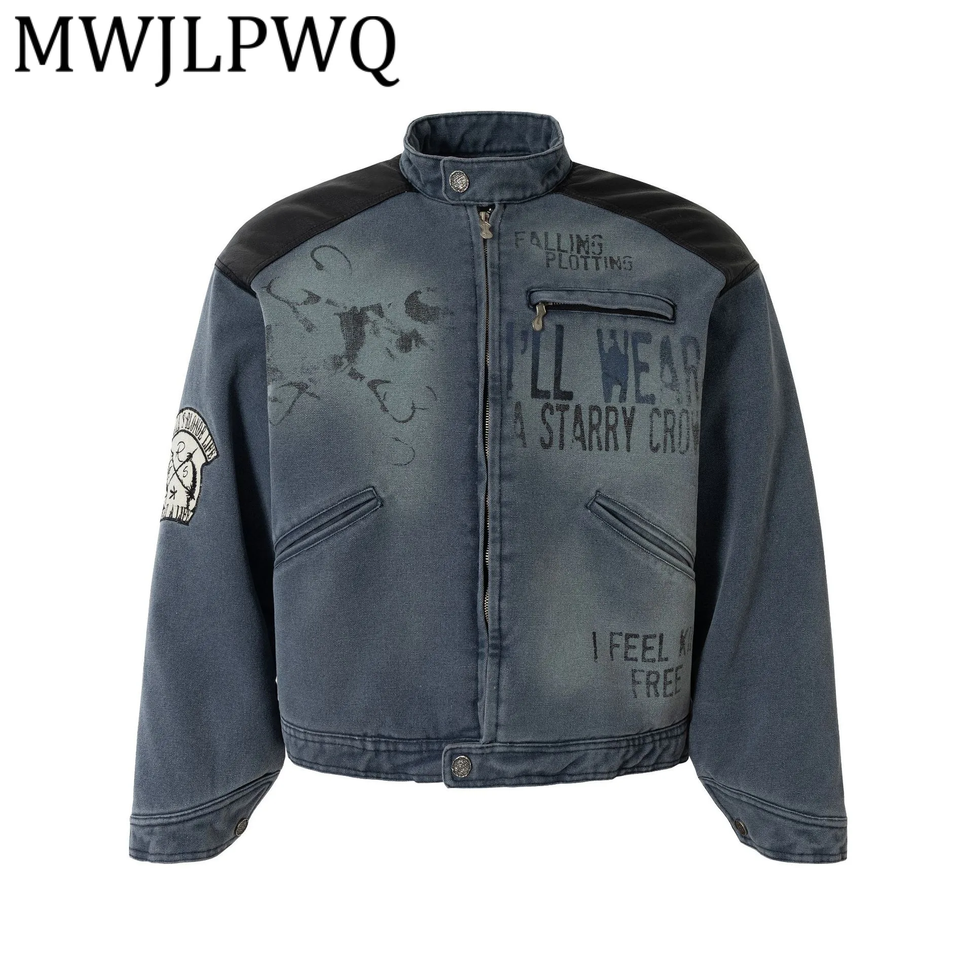 

MWJLPWQ Men's Clothing 2026 Winter Denim Cotton Jacket High Street Washed Coat American Retro Motorcycle Patch Design Tops 21990