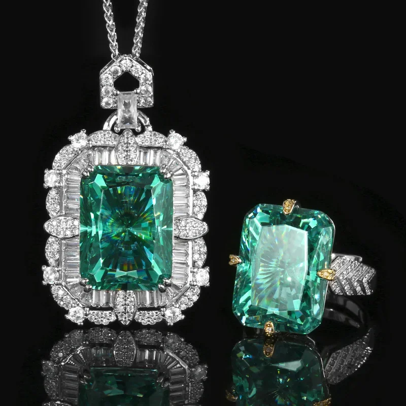 

Adjustable Ring Pendant Jewelry Rectangular Cut Emerald Green Gemstone with Diamond Like Accents Elegant Women Party Accessories