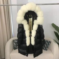 Menina Bonita neue echte Fuchs Fell Waschbär Pelz kragen Kapuze Winter jacke Frauen warme Ente Daunen lange Streetwear Oberbekleidung abnehmbar