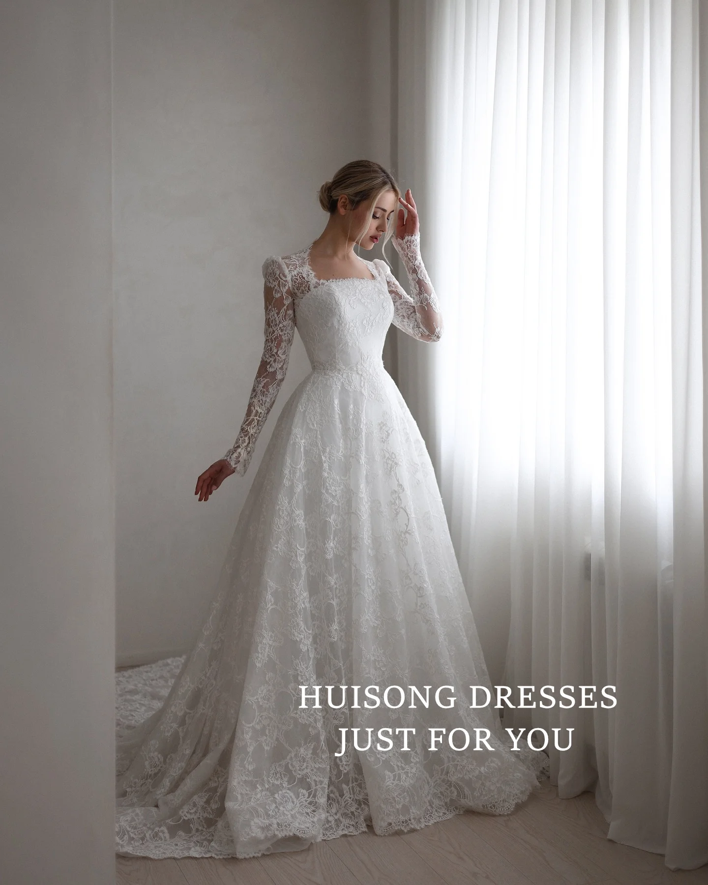 

HUISONG Customized Muslim Wedding Dresses Square Collar Long Sleeves A-Line Beach Modest Bridal Gown vestidos de novia
