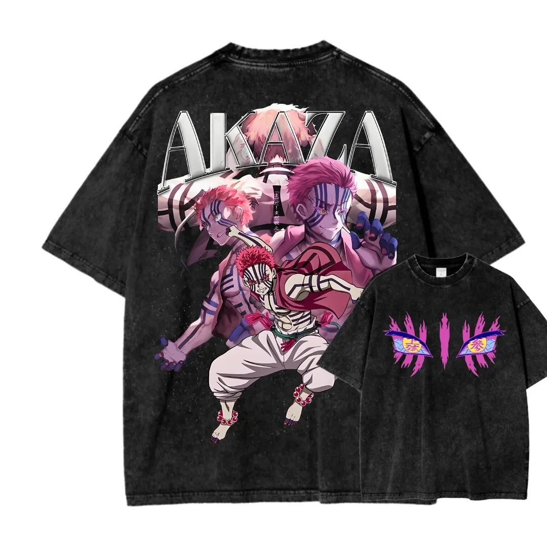 

Demon Slayer Akaza Upper Rank Three Print Washed T Shirt 2026 Summer Men Women Oversized Streetwear Cotton Short Sleeve Tee