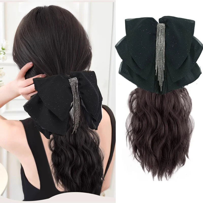 

Synthetic Tassel Bow Claw Clip Ponytail Extensions Short Wave Hairpiece Ponytail for Women Brown Hair Horse Tail Heat-resistant