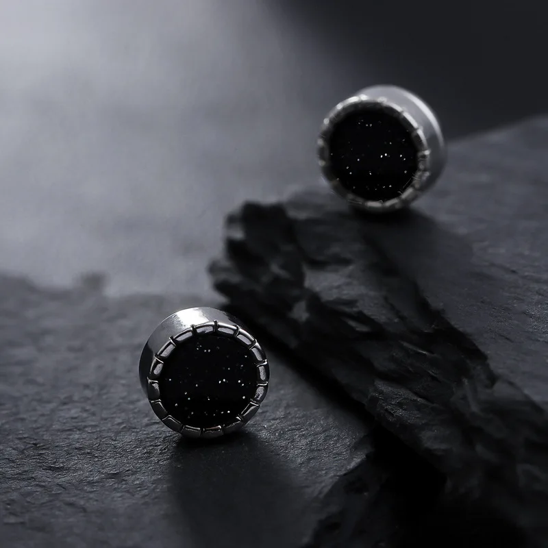 Gear Bezel Black Druzy Crystal Cylinder Stud Earrings Stainless Steel Screw Back Minimalist Punk Men Ear Piercing Accessories