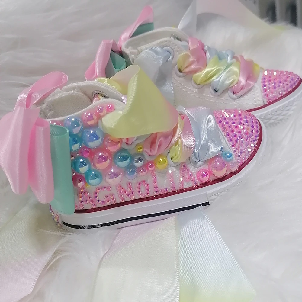 Handmade Name Custom Design Rhinestones Bling Girls Womens Kids And Mother Canvas Shoes Pearls Sneakers For Girl Birthday Party