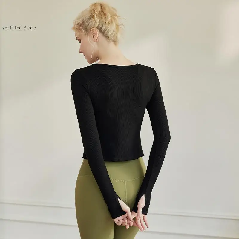 Spring and Autumn Yoga Temperament Knitted Sports Outdoor Training Fitness Cross Long Sleeve Tops Female