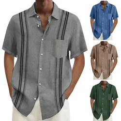 Men'S Casual Short Sleeve Shirt Street Wear Lapel Button Solid Color Cotton Linen Shirt For Men Vintage Vacation Blouse M-3xl