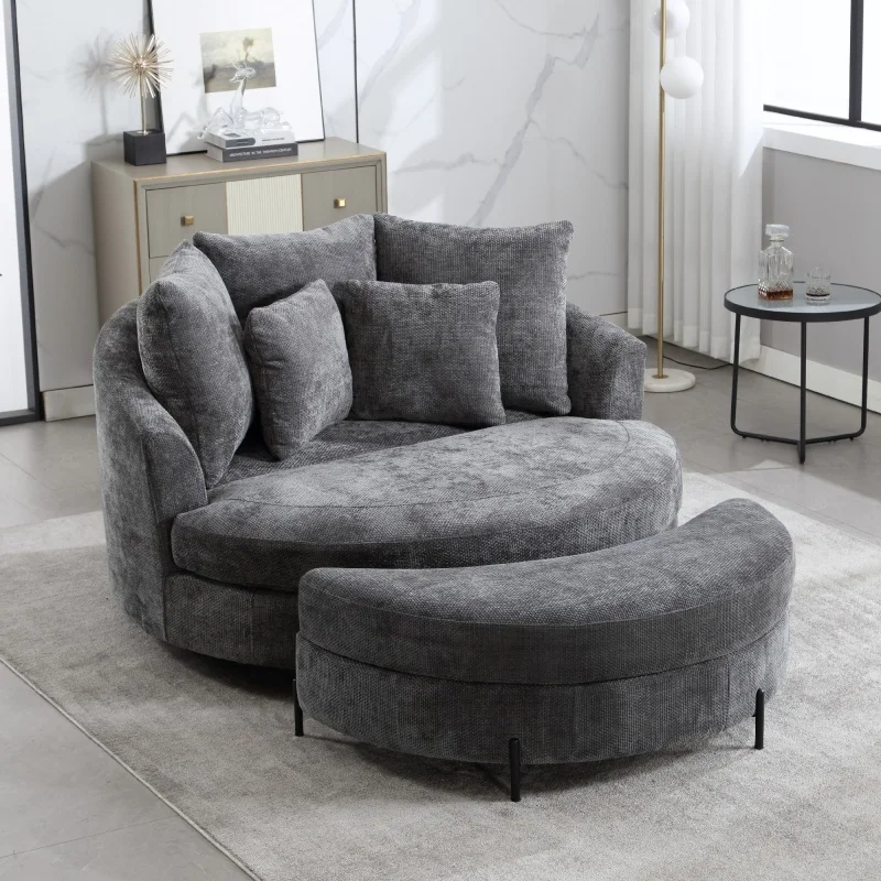 

Modern Oversized Round Cuddle Chair Barrel Chair Upholstered Half Crescent Moon Storage Bench Ottoman Leisure Chair Living Room