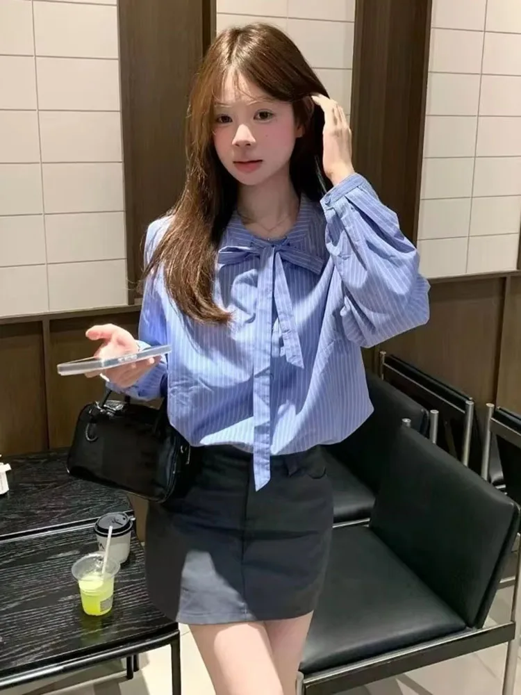Women Shirts Elegant Striped Bandage Bow Long Sleeve Vintage Tops Autumn 2026 New Fashion Office Lady Blouse Sweet