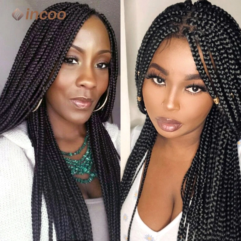 Incoo 36" Long Black Synthetic Wig Knotless Box Braidding Square Braided Wigs Durable Classic Full Lace Front African Hair