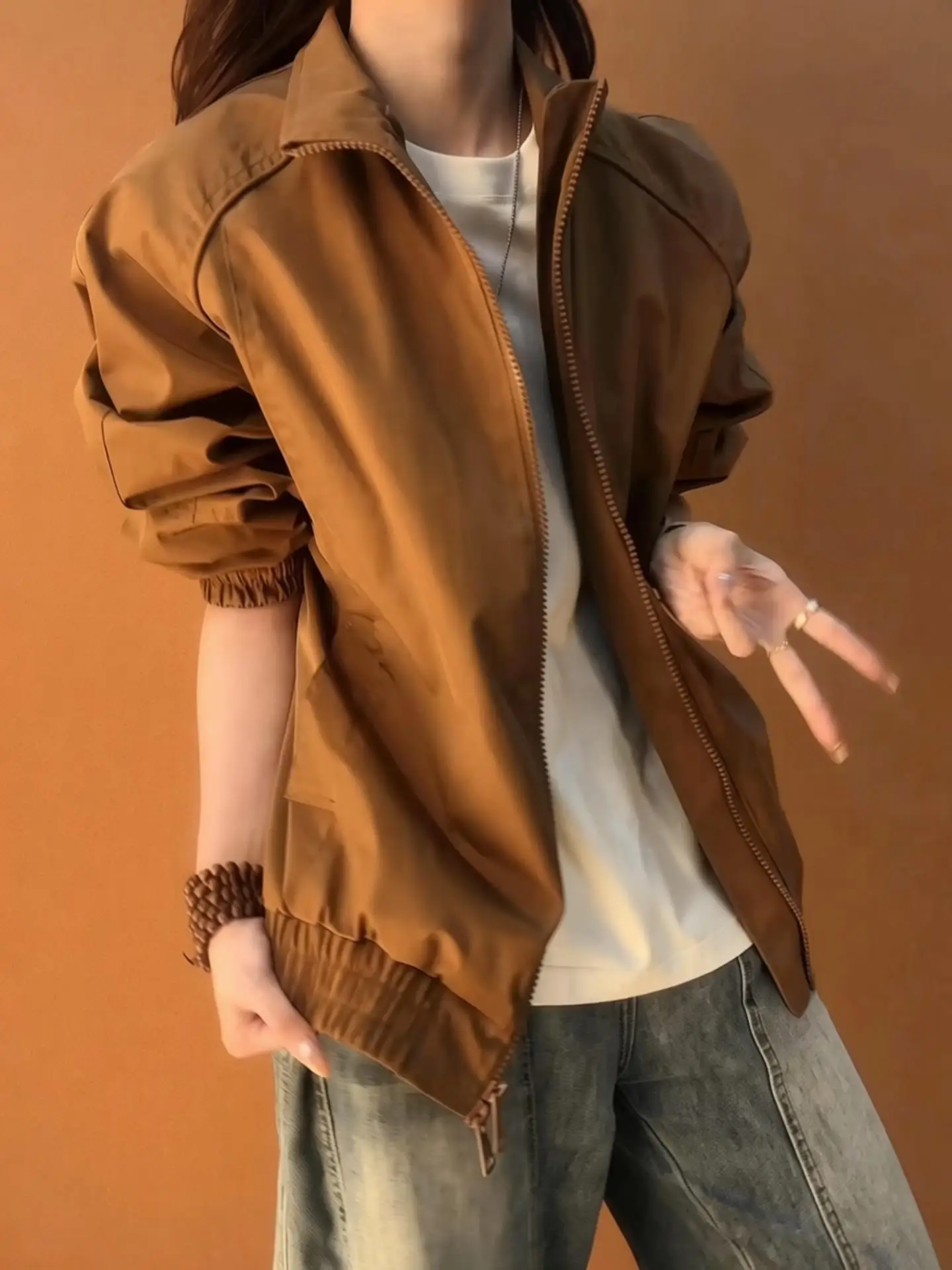 Men's Brown Flight Jacket Stand Collar Short Baseball Style Three-Proof Workwear Outerwear Spring Fashion Casual Sportswear