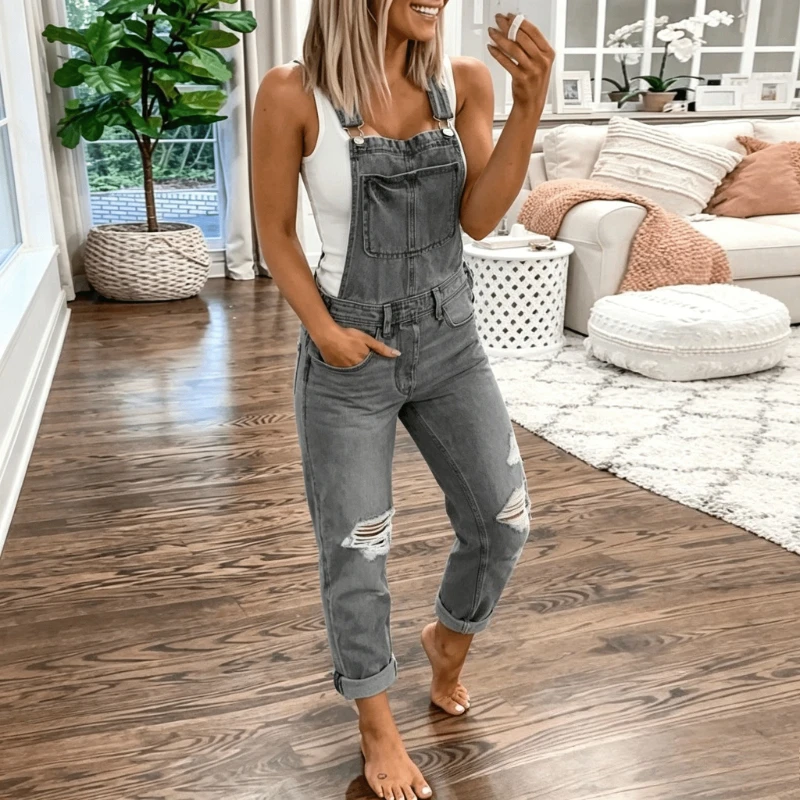 Women Trendy Loose Ripped Denim Bib Overalls Casual Long Suspender Trousers Daily Outfit For School Street Shopping Weekend Trip