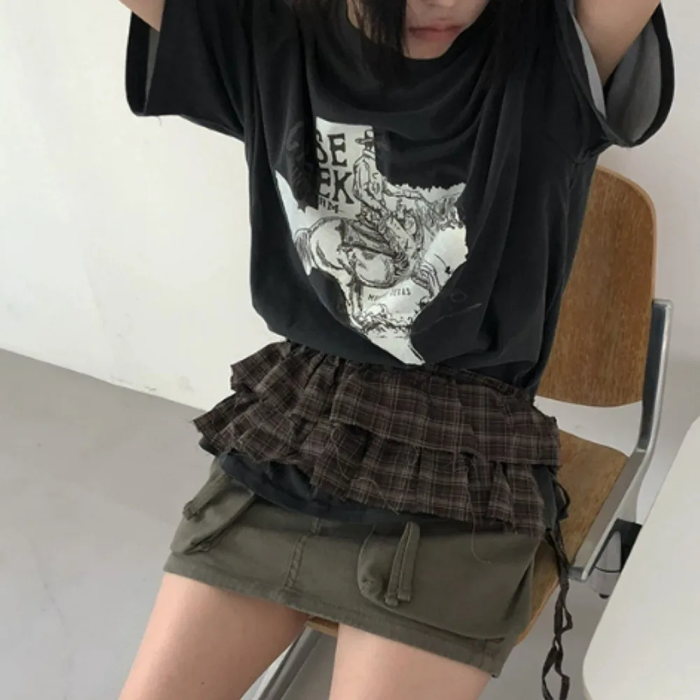 Abiti a strati hip-hop Gonna scozzese Dolce Y2K Sciarpa con lacci Camicia Estensore Stile coreano Bordo arricciato Cintura Jeans Decor