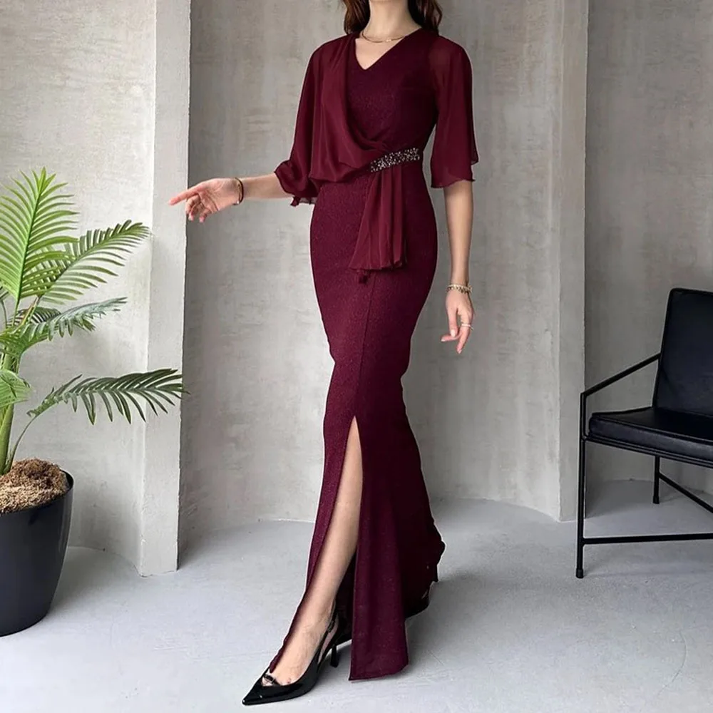 

Customized A-Line Evening Dresses Floor-Length V-Neck Half Sleeve Prom Gown Fashion Sequined Side Split Draped Party Gown