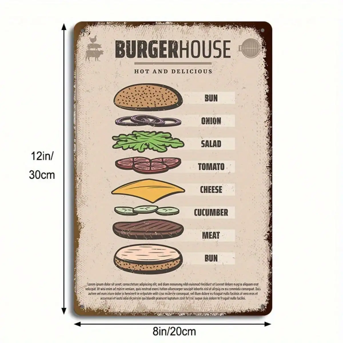 1PC ป้ายดีบุก BBQ Party - การออกแบบเนื้อ/ย่างสําหรับห้องครัว/ตกแต่งสนามหลังบ้าน, retro สนิม, 8x12in/20x30 ซม.