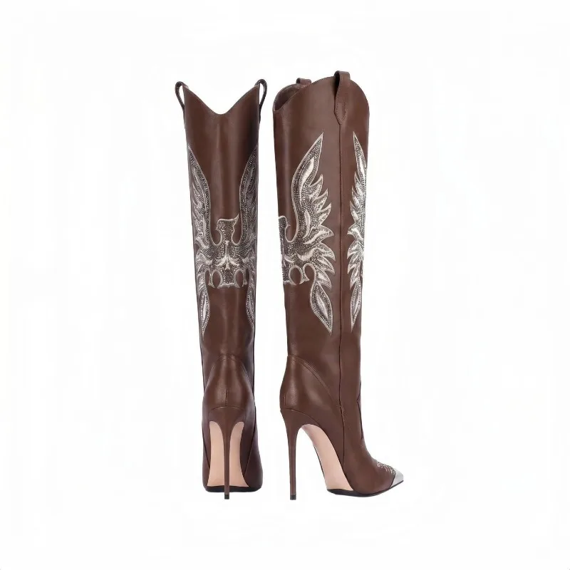 Botas Vaqueras Occidentales Retro para Mujer, Estilo Europeo y Americano, Bordadas con Pedrería, de Tacón Alto, con Punta en Pico y Altura hasta la Rodilla