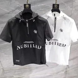 Unisex Hooded T-Shirt Splicing Letter Printing T-Shirt Summer Daily Breathable Leisure Personality Slim Thin Couple Top 2024