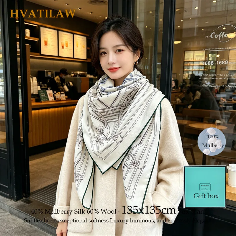 40% Silk 60% Wool Scarf 135x135cm Women Luxury Square Scarf Designer Shawl Autumn Winter Warm Wrap Stole Echarpe Hand Rolled Hem