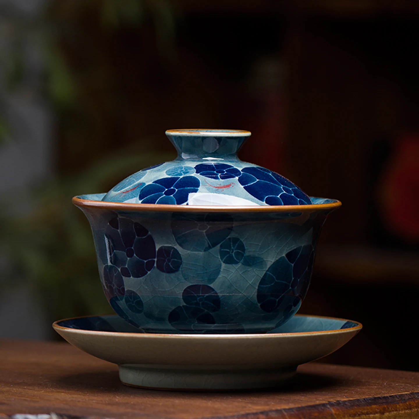 

Hand-Painted Cerc Tea Bowl Cover with Lotus Pond Design Tee Elements Cerc Tea Set Handmade Underglaze Color Tea Brewi...
