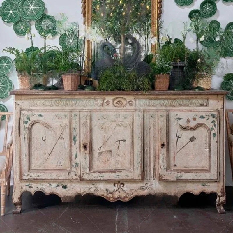 French retro solid wood carving flower entrance cabinet living room painted decorative cabinet locker home display cabinet