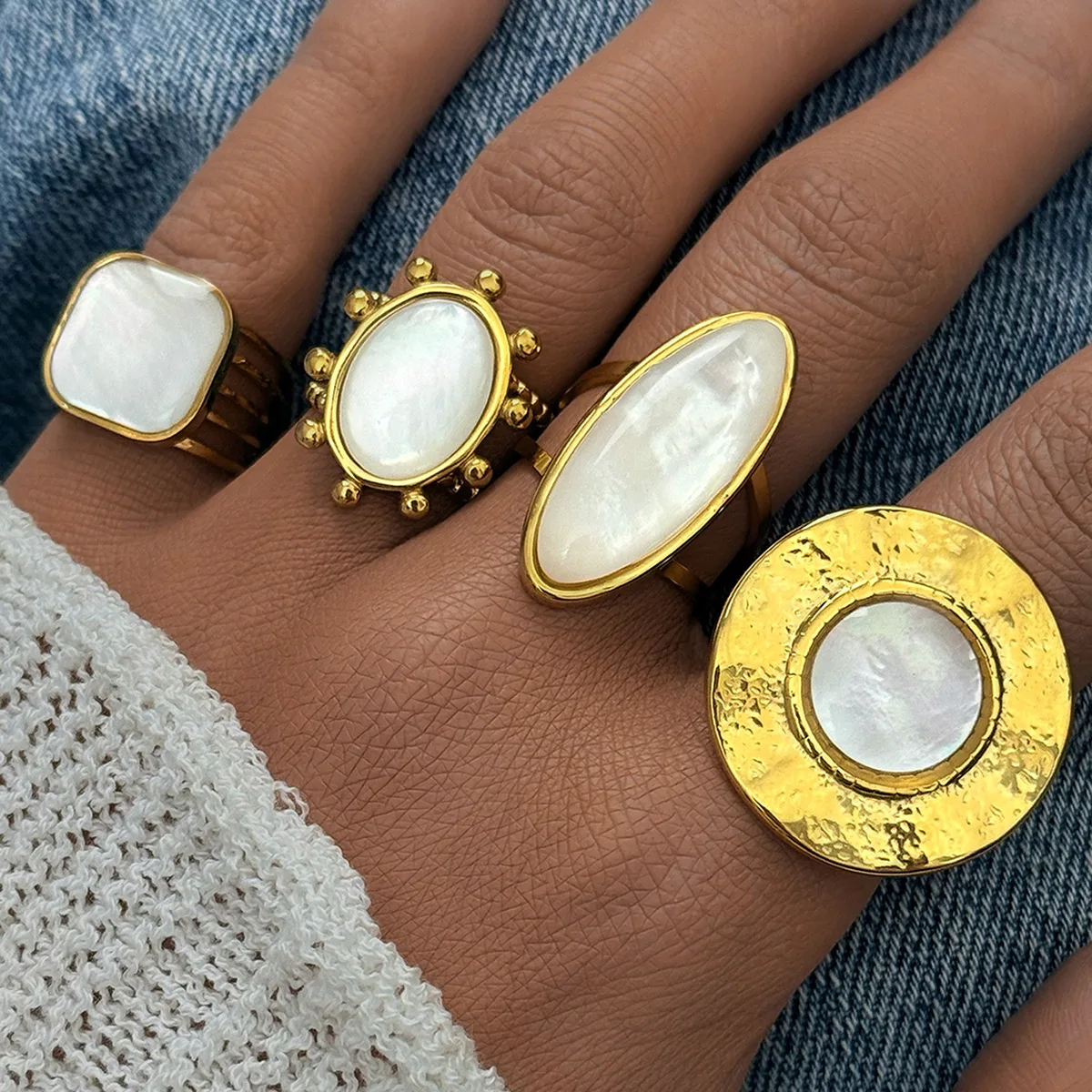 

Vintage Crystal Shell Gems Multiple Wraps Opening Rings for Women Stainless Steel Aesthetic Statement Jewelry Holiday Party Gift