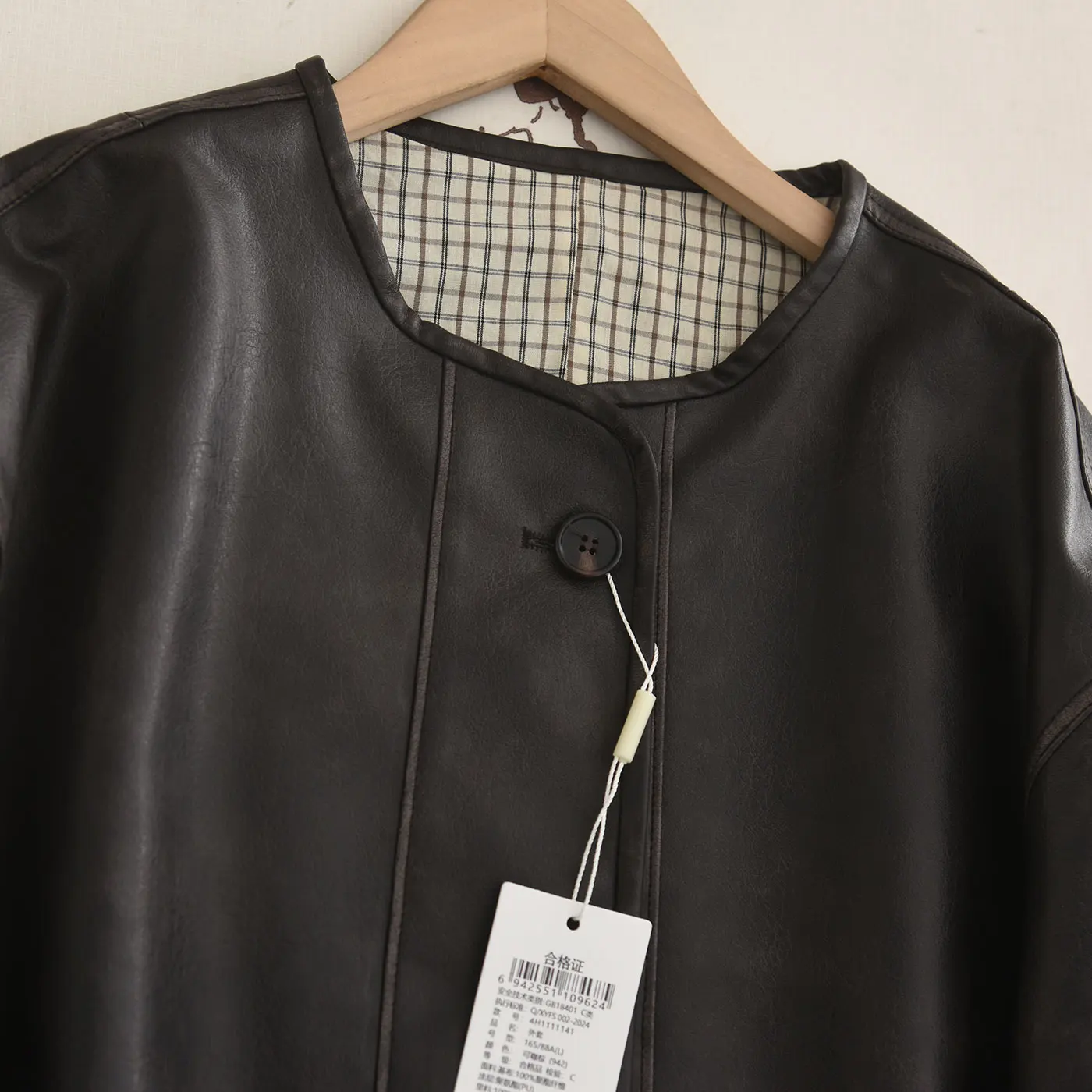 Casual Loose PU Leather Jaet Women's Spring 2026 round Ne Design Slimming Outerwear Faionable Ladies ort Coat