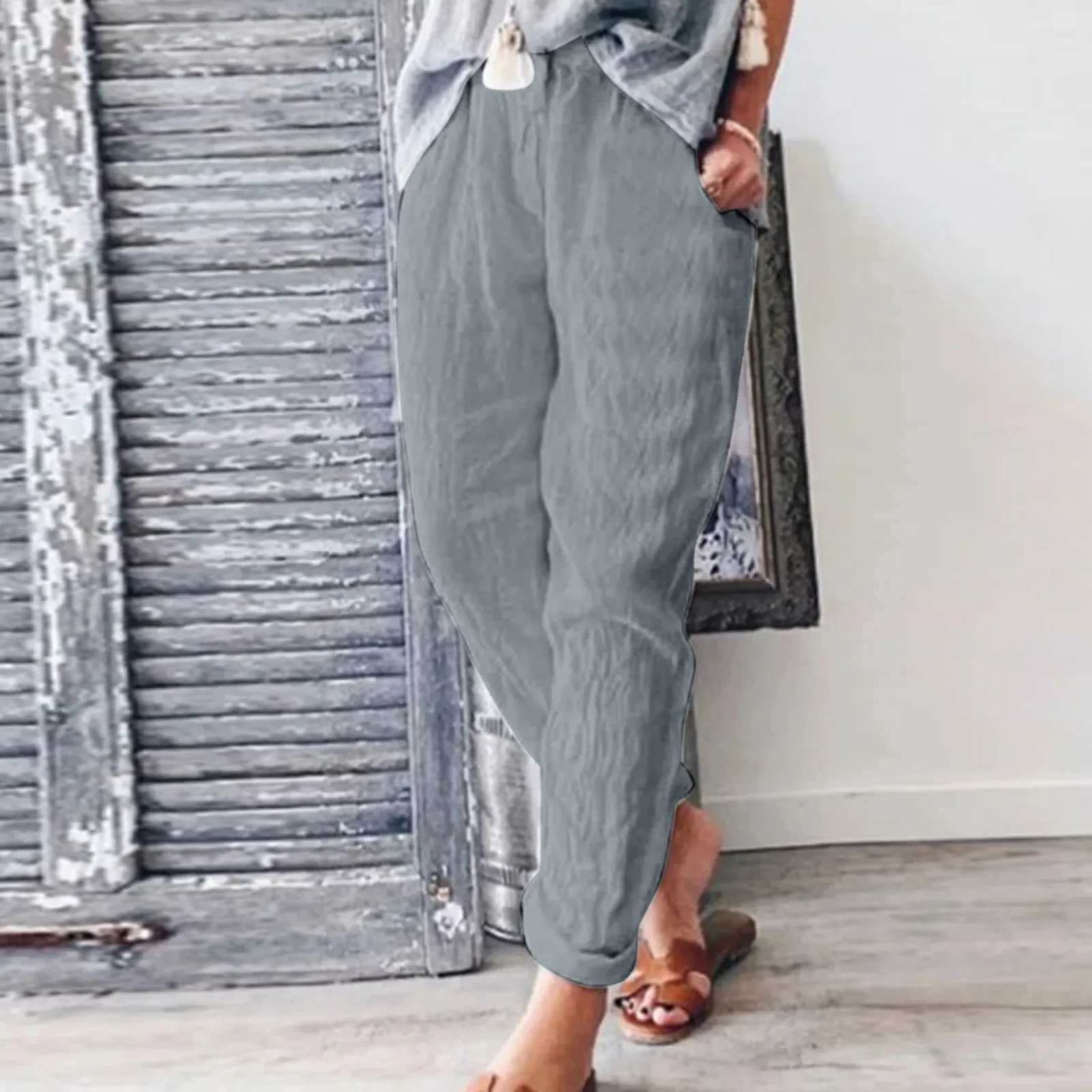 Women's Summer Cotton Linen Pants Loose Pockets Elastic Waist Wide-leg Pants Retro Literary Solid Color Casual Long Pants