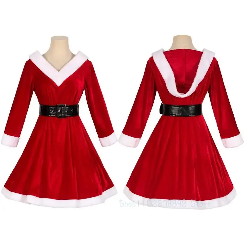 Kerstfeest Vrouwen Rode Jurk Capuchon Santa Claus Kostuum Rood Fluweel Xmas Vakantie Kerst Cosplay Vrouwen Schattige Fancy Dress