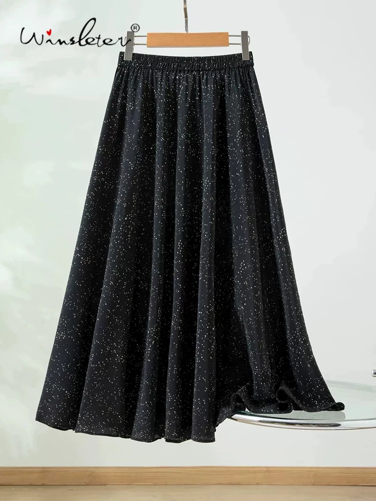 Winsleter-100%Real Silk Double Crepe Elegant Skirts, Elastic Waist Print, Women French A-line Skirt, 2026 Summer New B66043CC