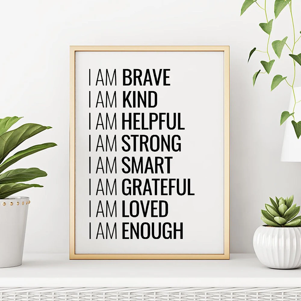 I am Brave Motivational Quote Poster and Print Canvas Painting Black White I am Enough Affirmations Wall Minimalist Room Deco