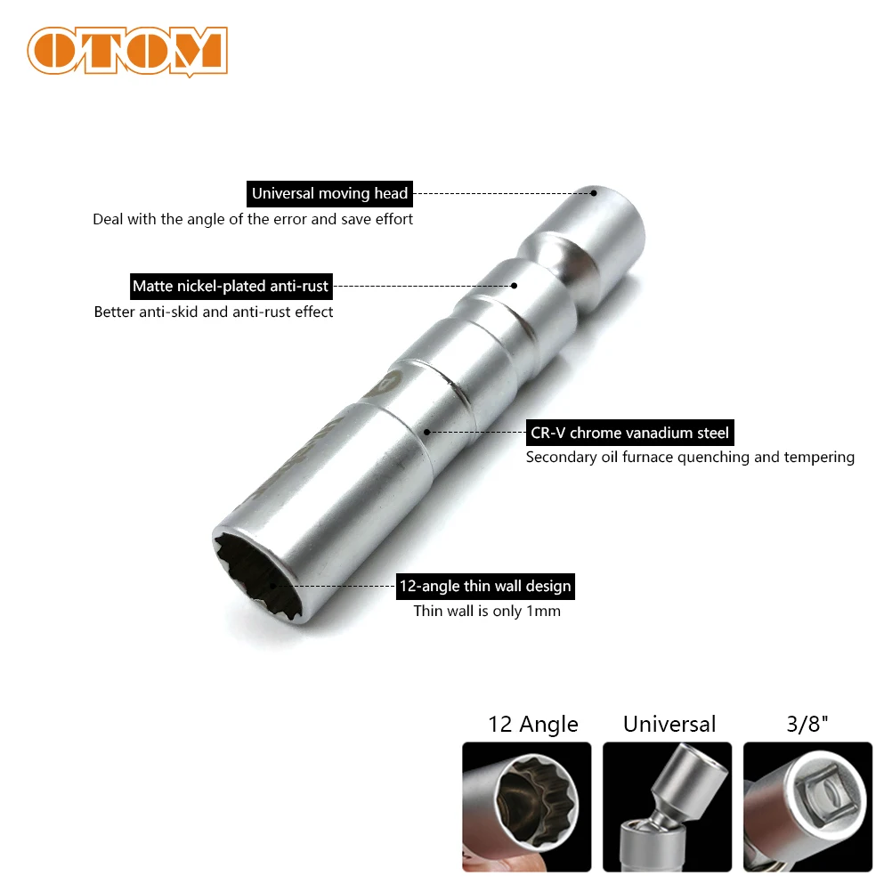 OTOM Motocycle 14mm Spark Plug Universal Disassembly Sleeve Socket Wrench Removal Tool 12 Angle Thin Wall 3/8