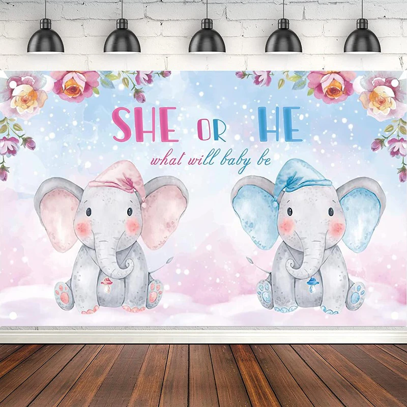 Photography Backdrop He Or She Cute Elephant What Will Baby Be Flower Gender Reveal Party Decorations Banner Background Banner