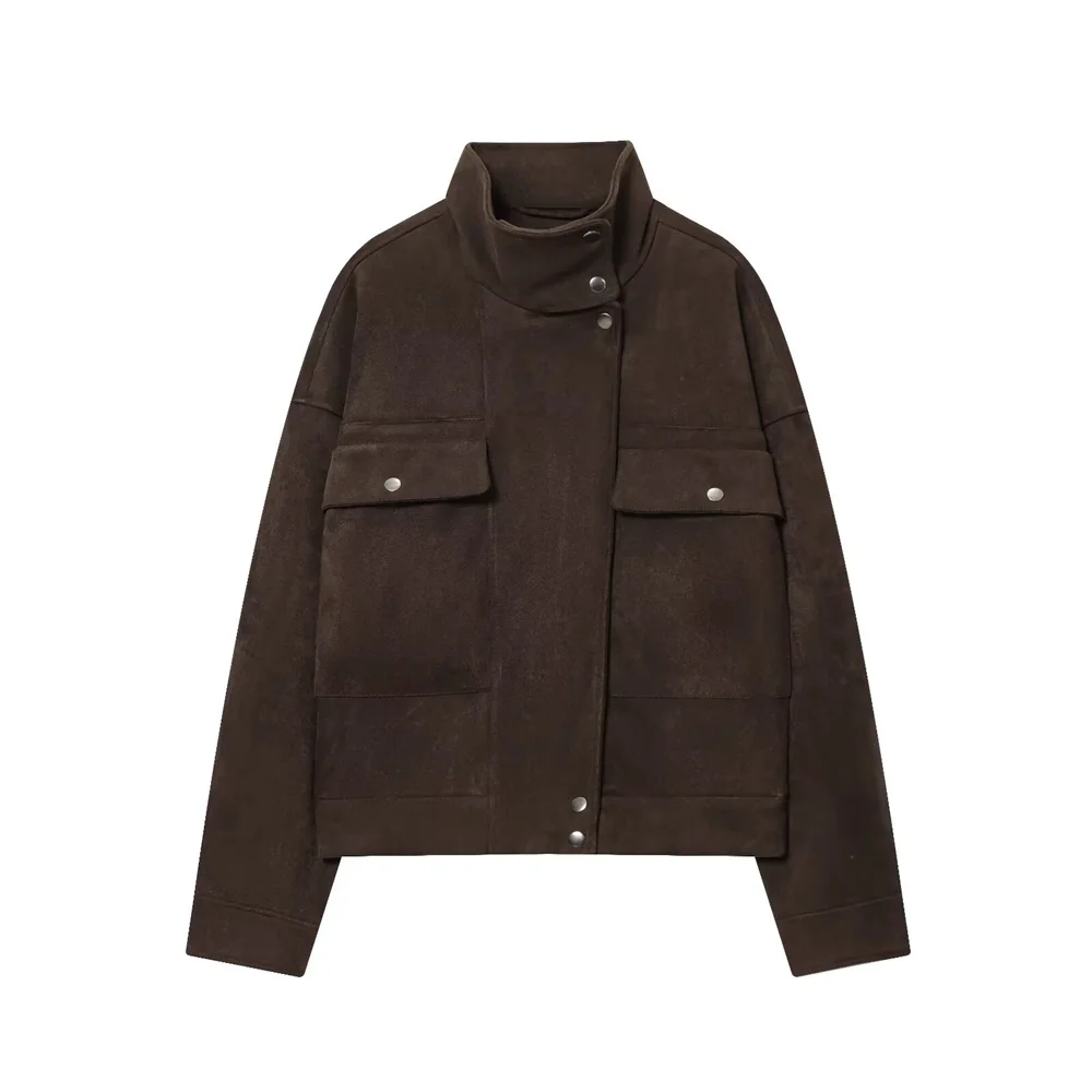 

Autumn and winter new women's casual loose suede texture effect stand collar long sleeved solid color pilot jacket jacket