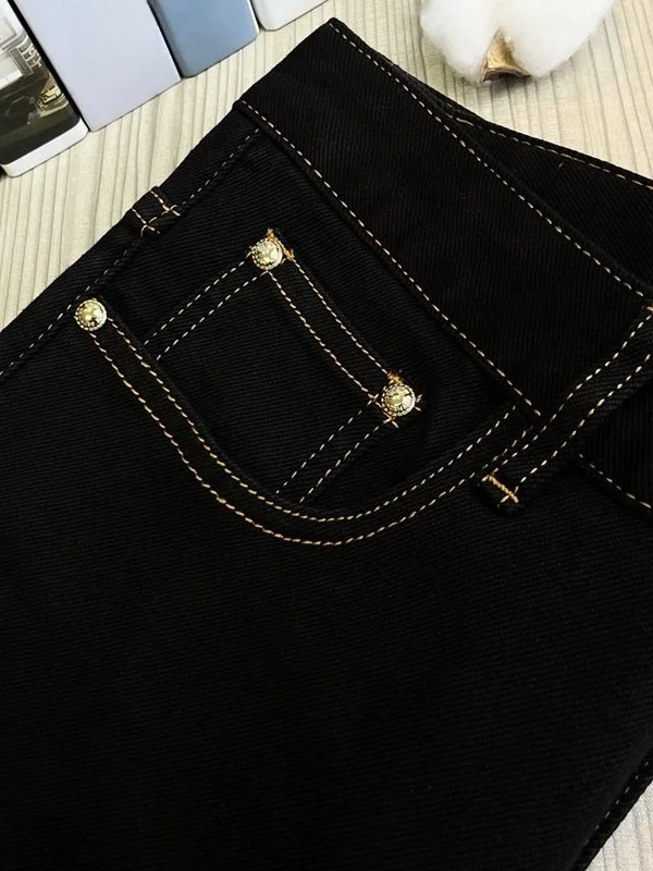 Elegant Black Embroidered Slim Fit Men's Jeans with  Stitching Comfortable Stretchable Casual Long Trousers