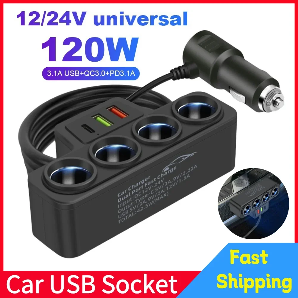 Car USB Charger QC3.0+PD 3.1A 12V-24V Car Cigarette Lighter Splitter 4-Socket 120W Phone Power Adapter USB Phone Charger Adapter