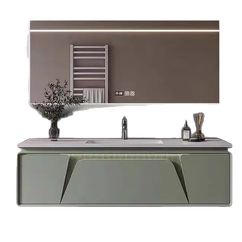 

Modern simple bathroom cabinet oak combination new light luxury bathroom rock slab seamless hand wash washbasin washstand