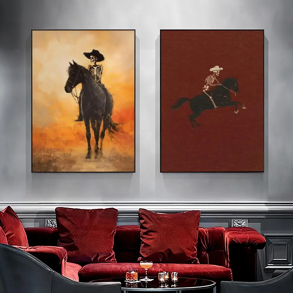 Skeleton Cowboy Canvas Poster Bucking Bronco Horse Gothic Western Retro Rodeo Art Home Decor Gift Painting Calligraphy