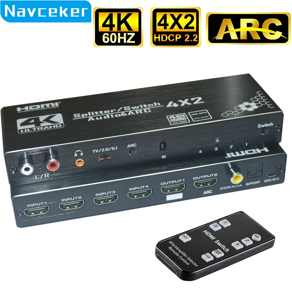 

2025 4K HDMI Switch 4x2 with Remote Optical Toslink & Coaxial 4 In 2 Out HDMI Switch 4 Port Switch HDMI 2.0 For Apple TV PS4