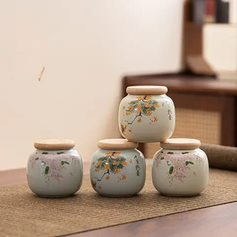 Ru Yellow Moisture Proof Tea Can Premium Storage Jar Small Portable Sealed Mini Ceramic Tea Container Home Tea Ceremony Gift