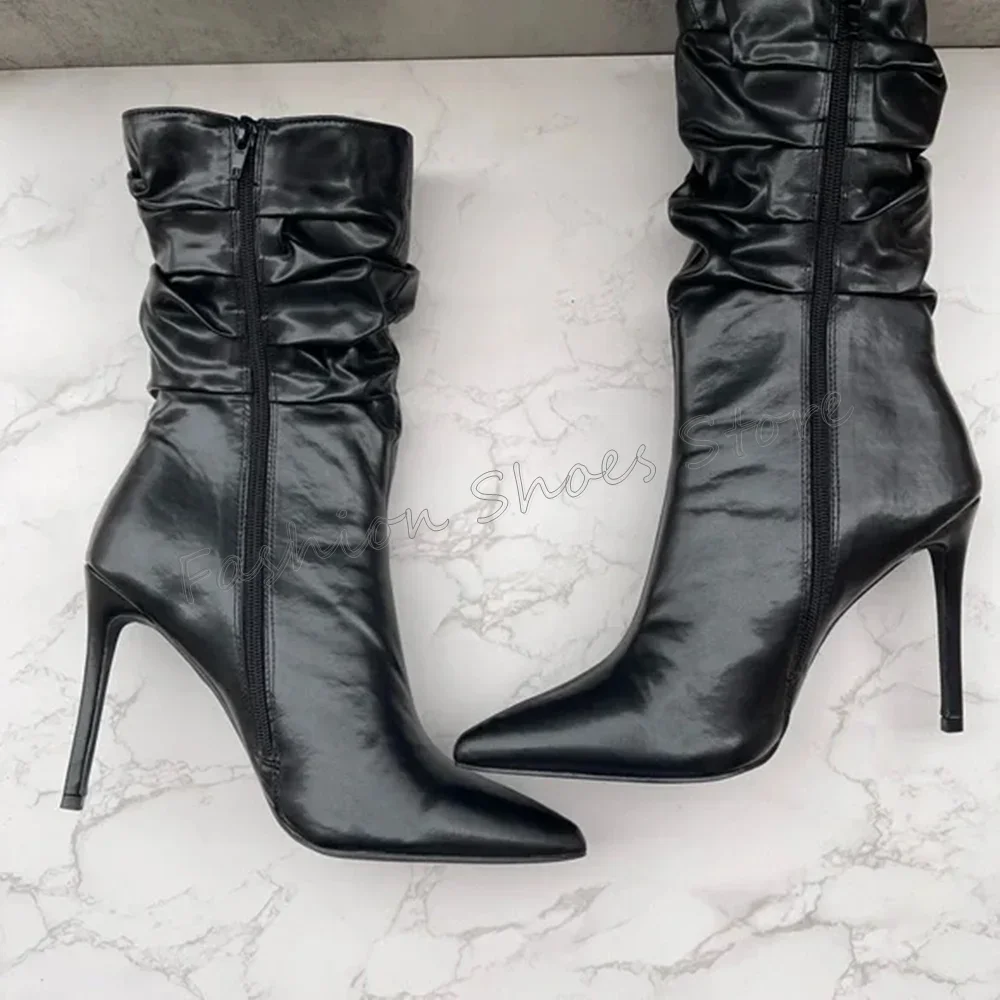 Zwarte Zijrits Geplooide Laarzen Puntschoen Dunne Hoge Hakken Hoge Hak Schoenen voor Vrouwen Mode Hakken 2025, Nieuwe Zapatos Para Mujere