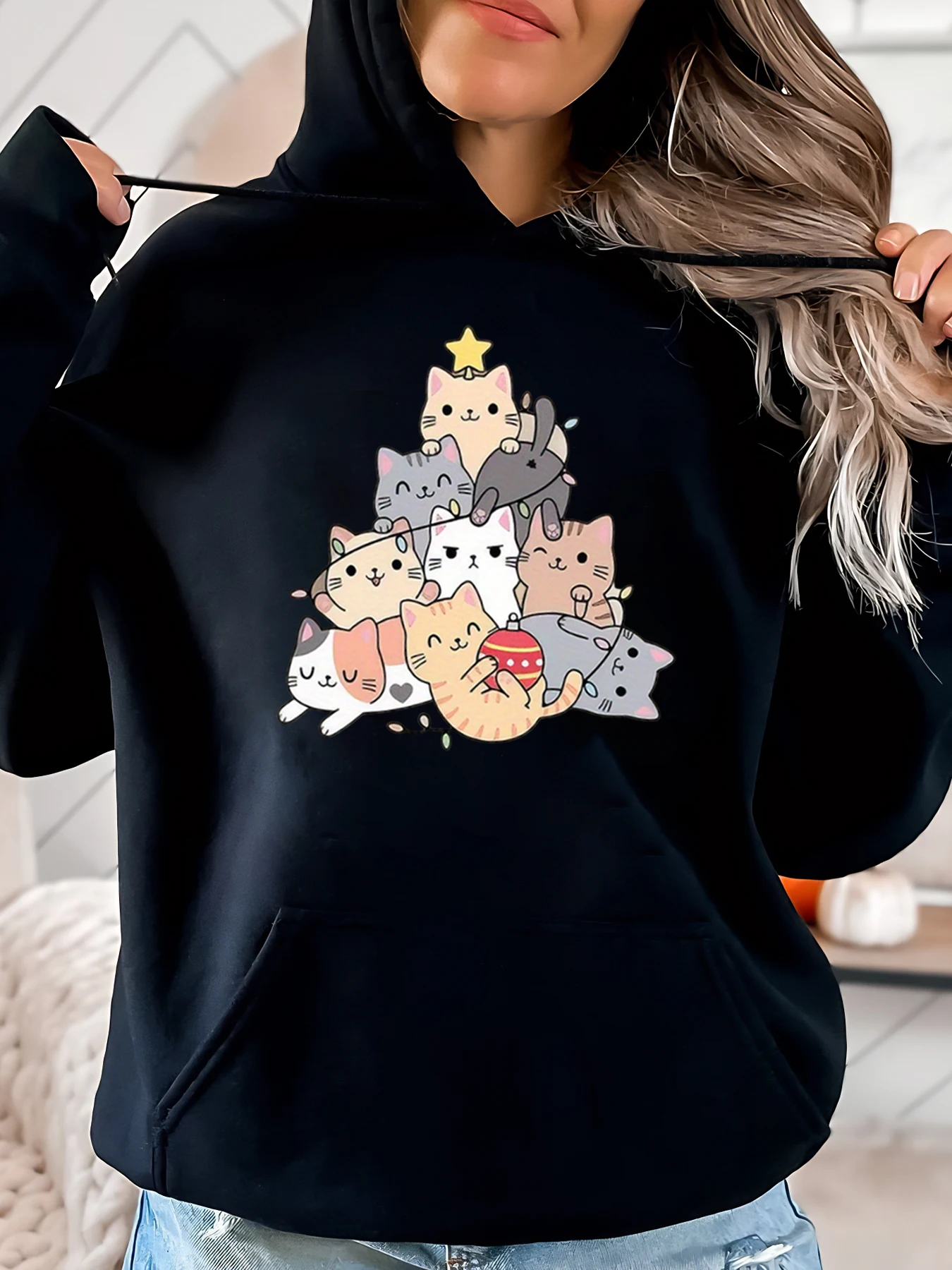 

Толстовка с принтом рождественской елки с милыми кошками, праздничная женская повседневная одежда, черная, больших размеров