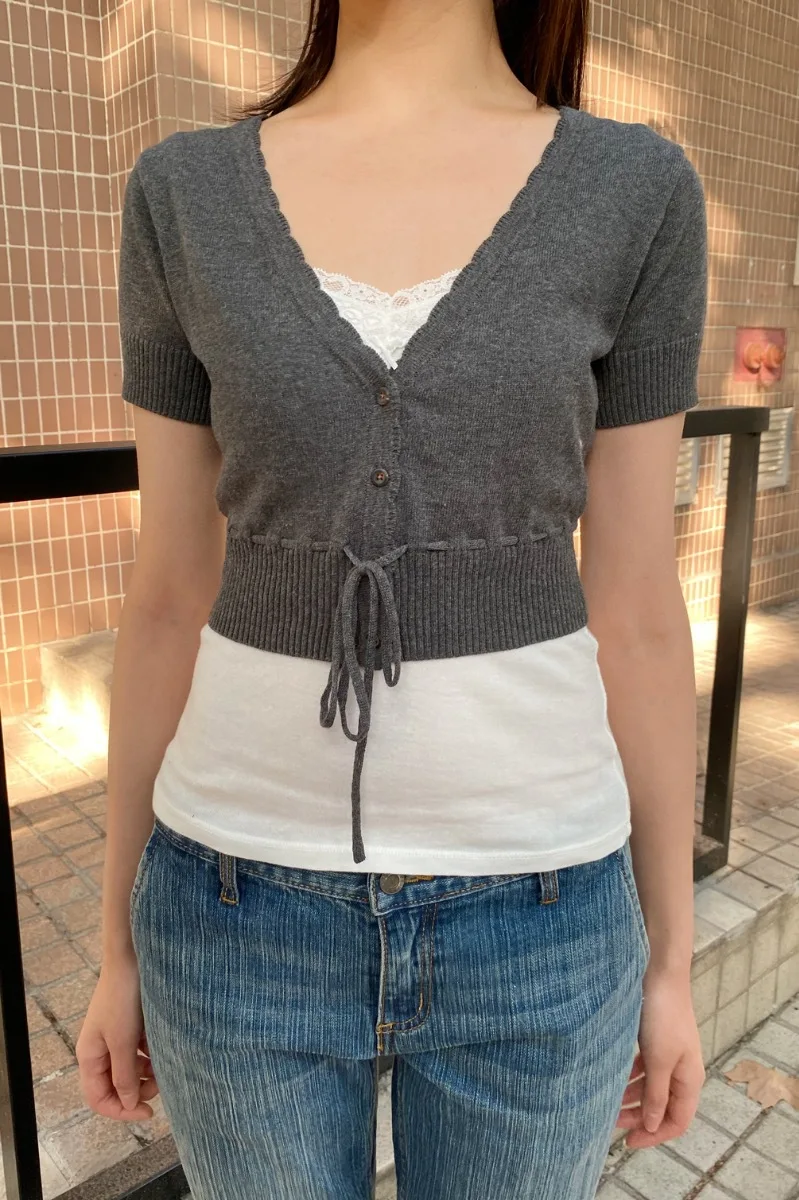 Hem Lace Cropped Knitwear Top Women Drawstring Slim V-neck Short Sleeve Cotton Thin Short T-shirts Sweet Cute Simple Crop Tops