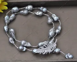 Z13515 27'' 24mm Gray Drop Baroque KESHI Reborn Pearl Necklace Pendant CZ Feather Custom Jewelry