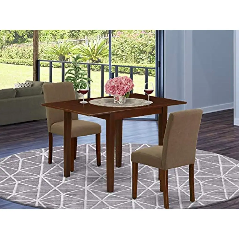 3-Piece Dining Set with Mahogany Finish Table and Coffee Linen Fabric Chairs